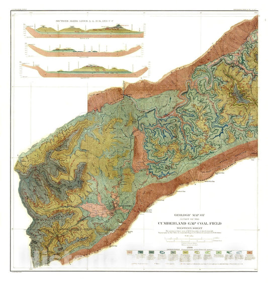 Map : Geology and mineral resources of part of the Cumberland Gap coal field, Kentucky, 1906 Cartography Wall Art :