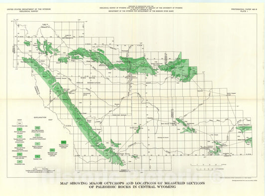 Map : Paleozoic formations in the Wind River Basin, Wyoming, 1966 Cartography Wall Art :