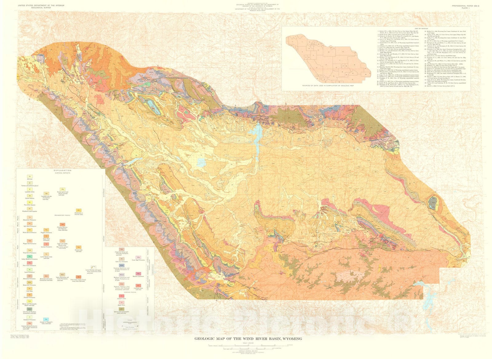 Map : Structural geology of the Wind River Basin, Wyoming, 1970 Cartography Wall Art :