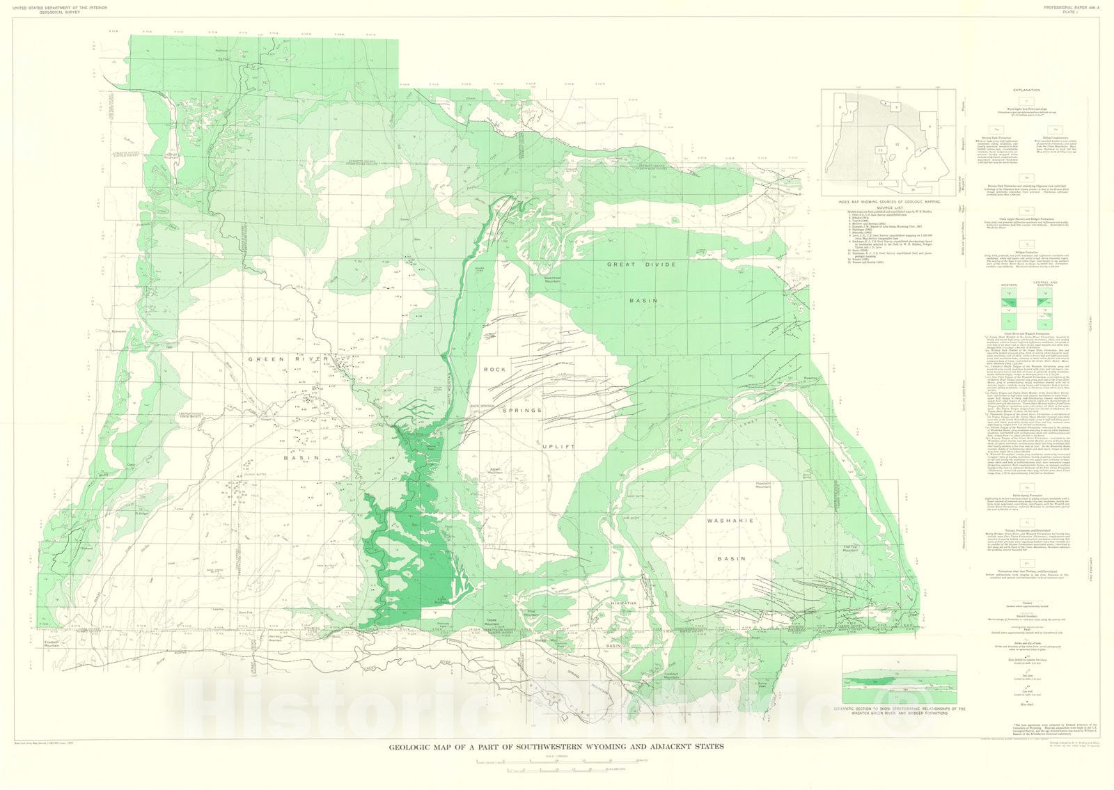 Map : Geology of Green River Formation and associated Eocene rocks in southwestern Wyoming and adjacent parts of Colorado and Utah, 1964 Cartography Wall Art :