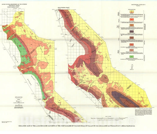 Map : Geology of the compacting deposits in the Los Banos-Kettleman City subsidence area, California, 1971 Cartography Wall Art :