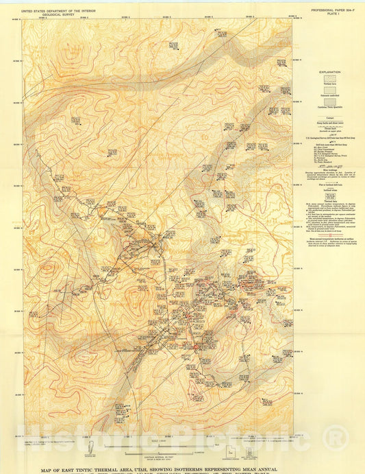 Map : Underground temperatures and heat flow in the east Tintic district, Utah, 1965 Cartography Wall Art :