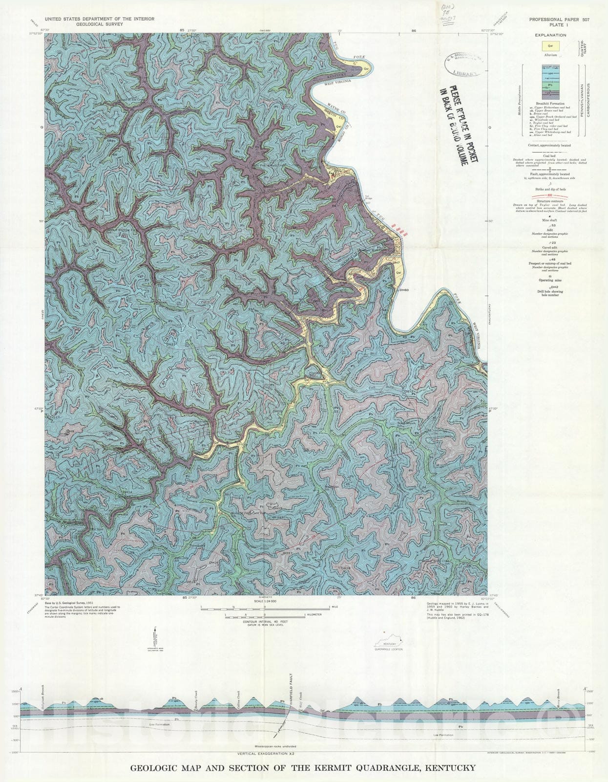 Map : Geology and coal reserves of the Kermit and Varney area, Kentucky, 1966 Cartography Wall Art :