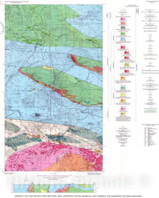 Map : Geology of the Menominee iron-bearing district, Dickinson County, Michigan and Florence and Marinette Counties, Wisconsin, 1966 Cartography Wall Art :