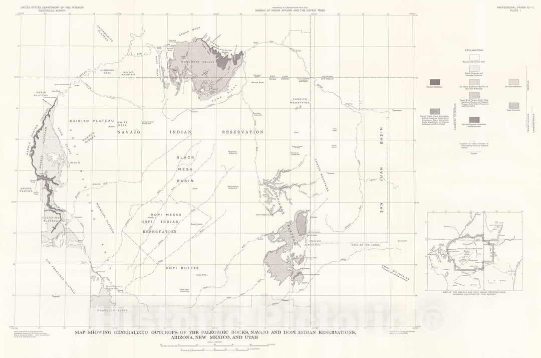 Map : Geology of the Paleozoic rocks, Navajo and Hopi Indian Reservations, Arizona, New Mexico, and Utah, 1971 Cartography Wall Art :