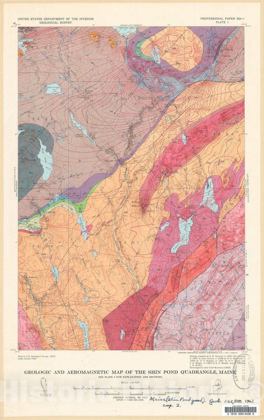 Map : Bedrock geology of the Shin Pond and Stacyville quadrangles, Penobscot County, Maine, 1967 Cartography Wall Art :