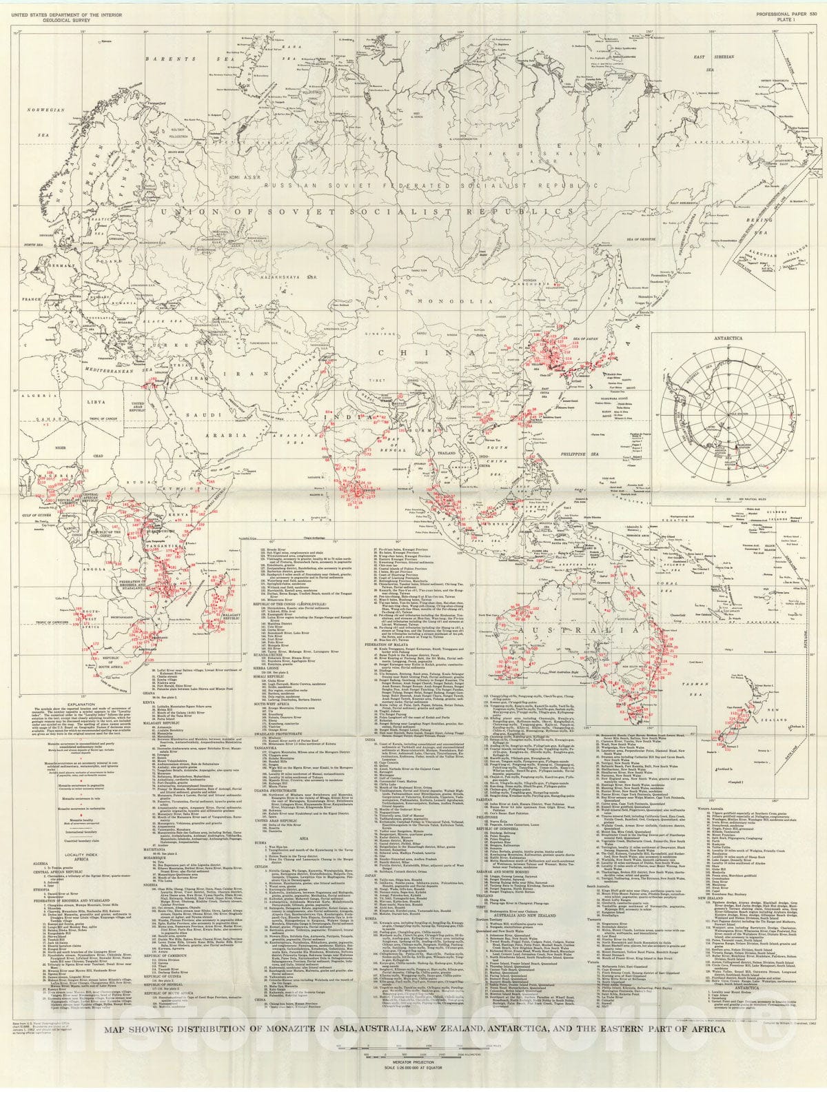 Map : The geologic occurrence of monazite a review of the distribution of monazite and of the geologic controls affecting the amount of thorium in monazite, 1967 Cartography Wall Art :