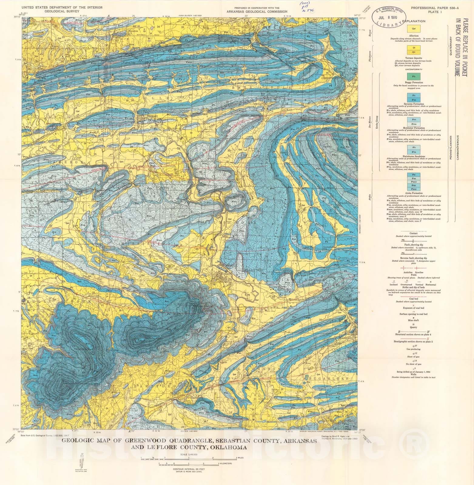 Map : Geology of the Greenwood quadrangle, Arkansas-Oklahoma, 1968 Cartography Wall Art :
