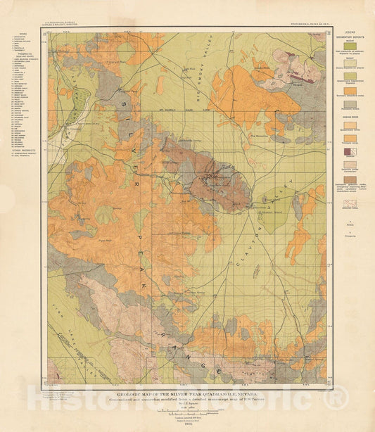 Map : Ore deposits of the Silver Peak quadrangle, Nevada, 1906 Cartography Wall Art :