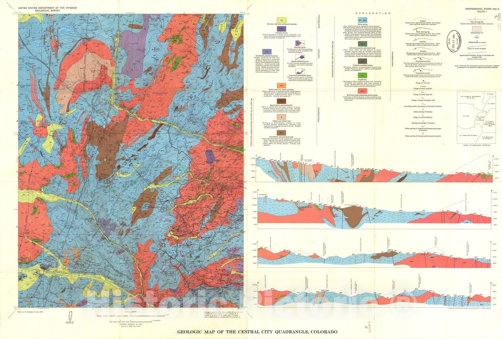 Map : Petrology and structure of Precambrian rocks, Central City quadrangle, Colorado, 1967 Cartography Wall Art :