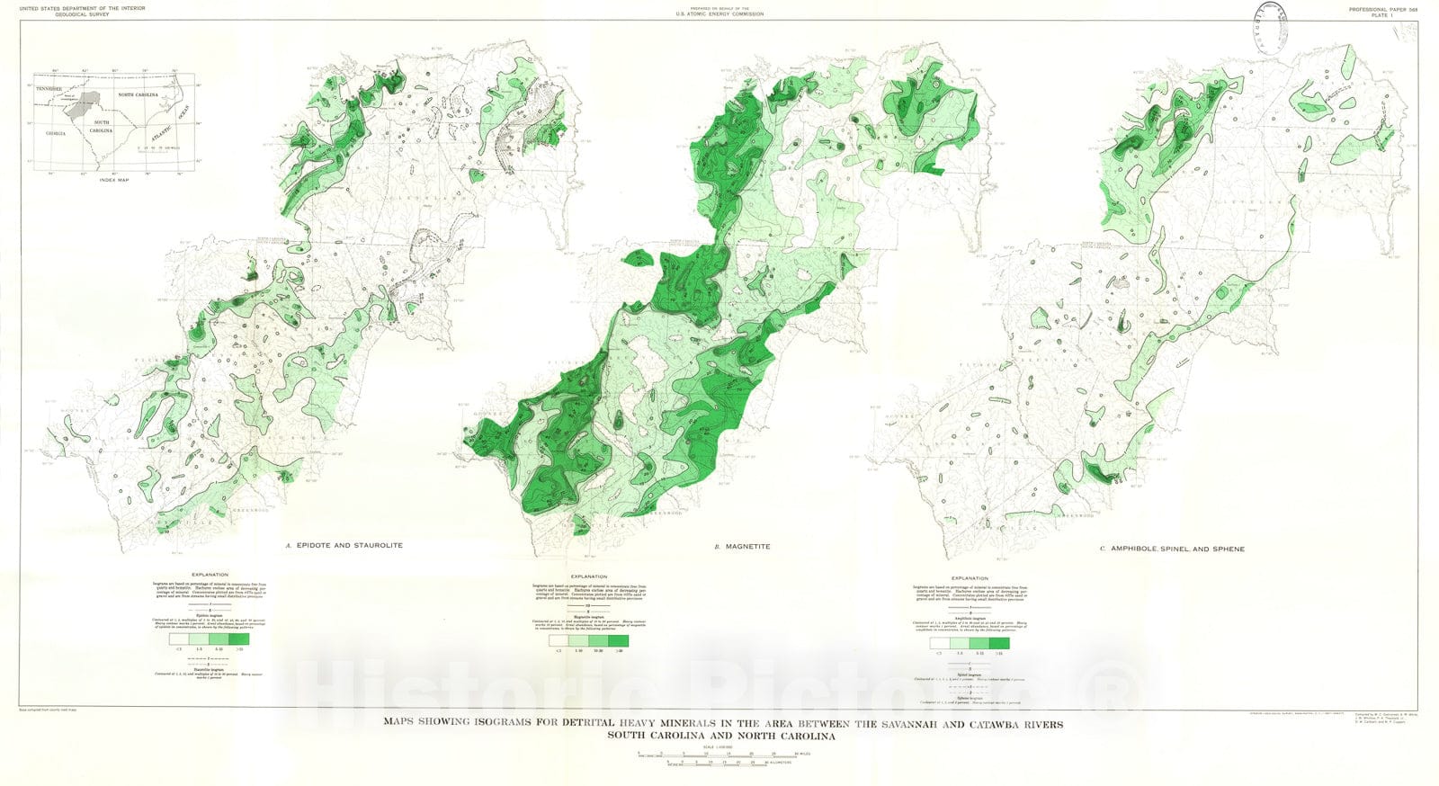 Map : Fluvial monazite deposits in the southeastern United States, with a section on mineral analysis, 1968 Cartography Wall Art :