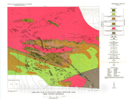Map : Geology and ore deposits of the Iron River-Crystal Falls district, Iron County, Michigan, 1968 Cartography Wall Art :