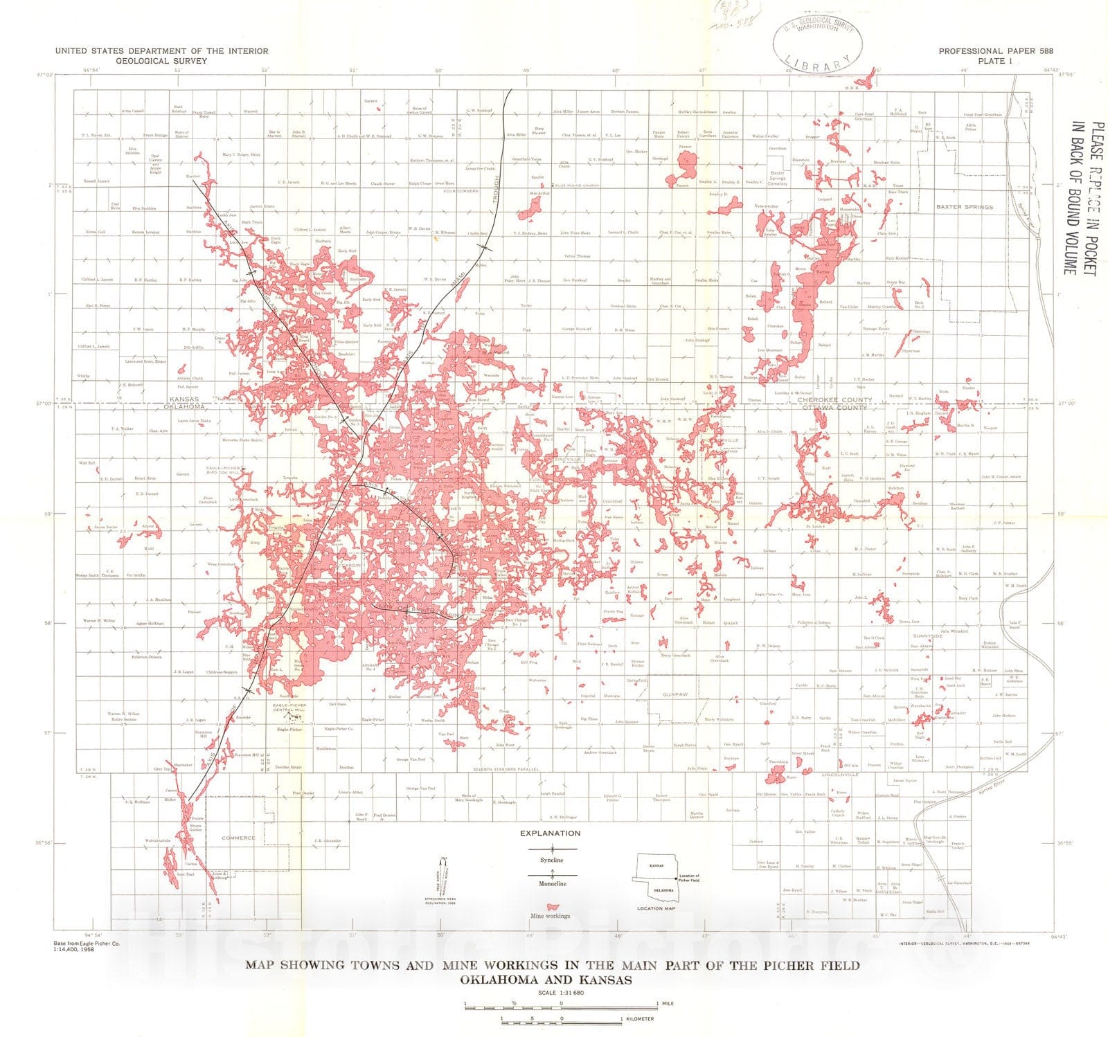 Map : Geology and ore deposits of the Picher Field, Oklahoma and Kansas, 1970 Cartography Wall Art :