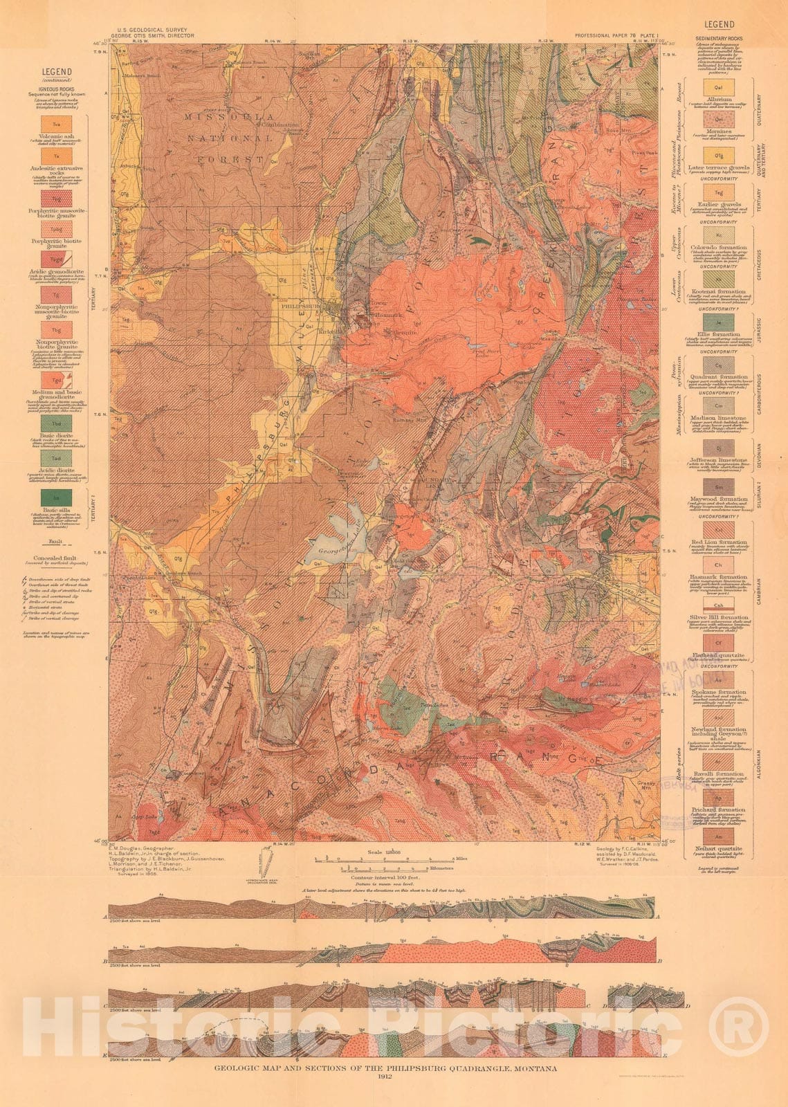 Map : Geology and ore deposits of the Philipsburg quadrangle, Montana, 1913 Cartography Wall Art :
