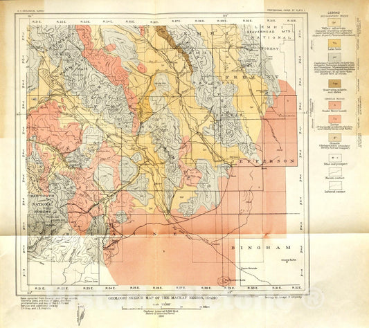 Map : Geology and ore deposits of the MacKay region, Idaho, 1917 Cartography Wall Art :
