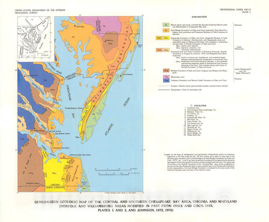 Map : Uranium-series dating of mollusks and corals, and age of Pleistocene deposits, Chesapeake Bay area, Virginia and Maryland, 1982 Cartography Wall Art :