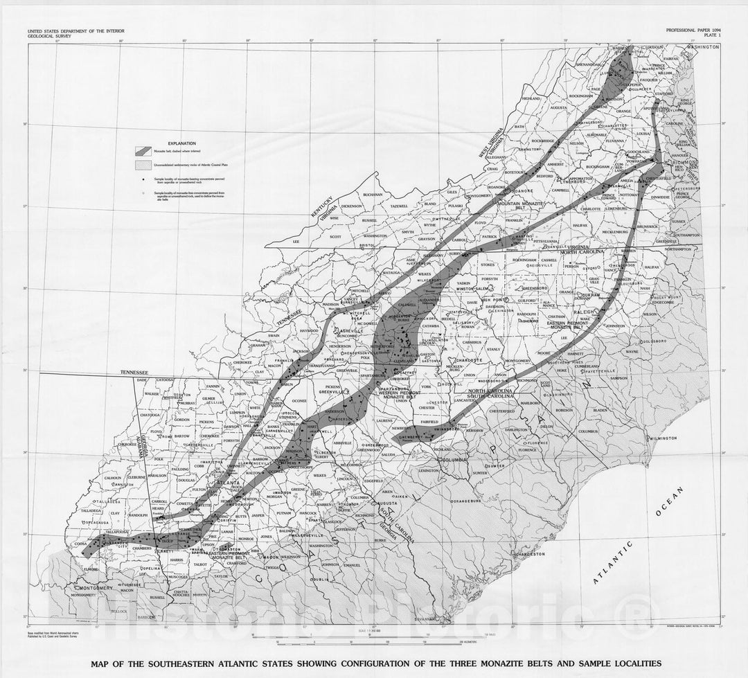 Map : Monazite in the granitic rocks of the southeastern Atlantic states - an example of the use of heavy minerals in geologic exploration, 1979 Cartography Wall Art :