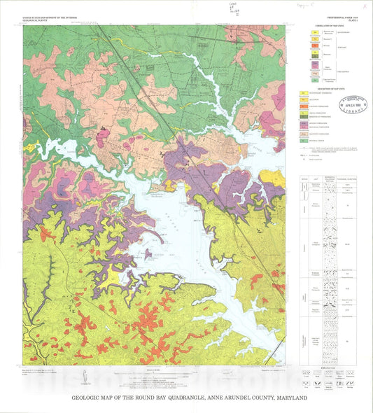 Map : Geology of the Round Bay quadrangle, Anne Arundel County, Maryland, with a section on dinoflagellate-acritarch palynology and a se, 1980 Cartography Wall Art :