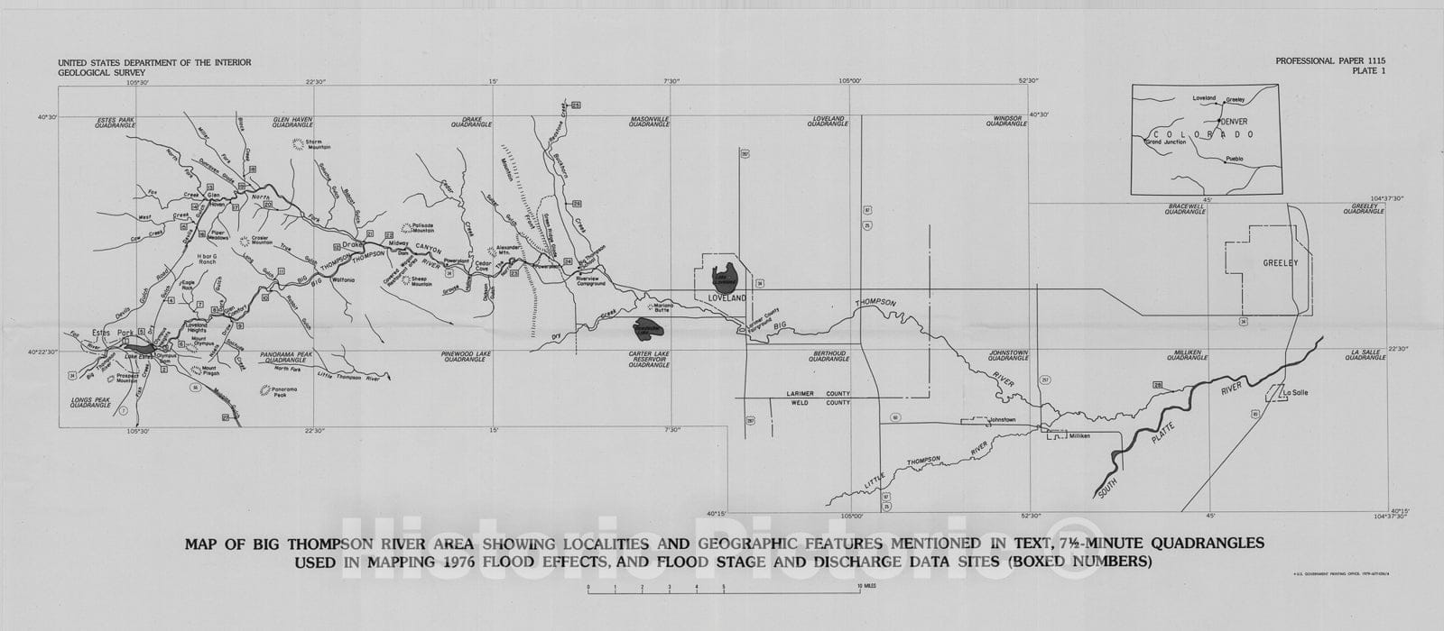 Map : Storm and flood of July 31-August 1, 1976, in the Big Thompson River and Cache La Poudre River basins, Larimer and Weld Counties, Colorado, 1979 Cartography Wall Art :