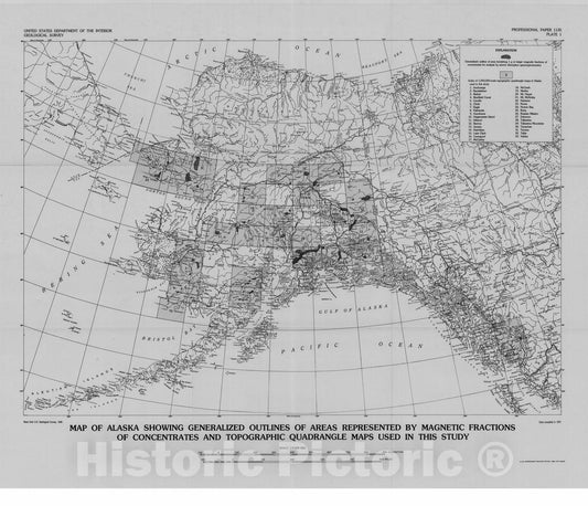 Map : Equivalent uranium and selected minor elements in magnetic concentrates from the Candle quadrangle, Solomon quadrangle, and elsewhere in Alaska, 1980 Cartography Wall Art :