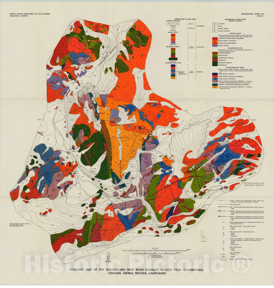 Map : Stratigraphy and structure of the Strawberry Mine roof pendant, central Sierra Nevada, California, 1981 Cartography Wall Art :
