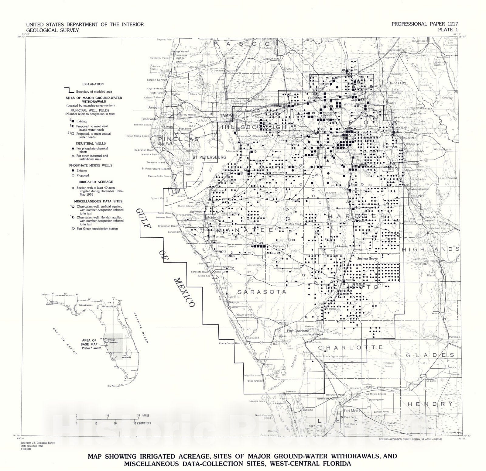 Map : Simulated effects of ground-water development on the potentiometric surface of the Floridan aquifer, west-central Florida, 1982 Cartography Wall Art :