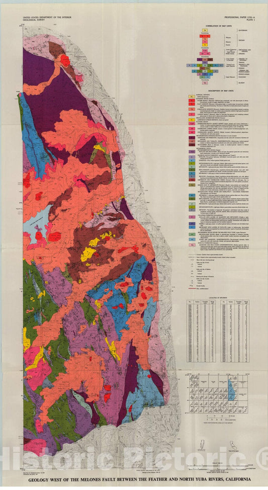 Map : Geology west of the Melones fault between the Feather and North Yuba Rivers, California, 1981 Cartography Wall Art :