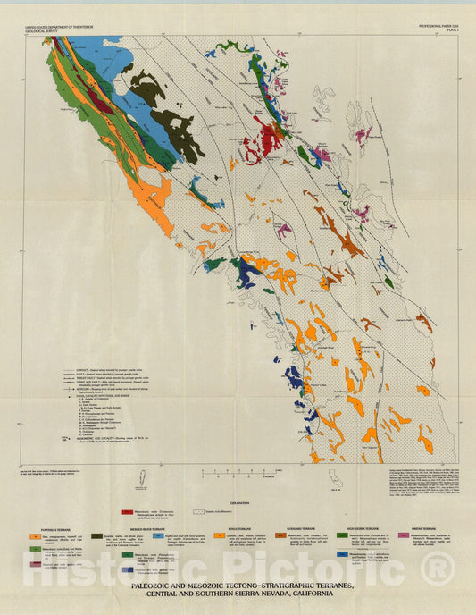 Map : Wallrocks of the central Sierra Nevada batholith, California: a collage of acreted tectono-stratigraphic terranes, 1983 Cartography Wall Art :