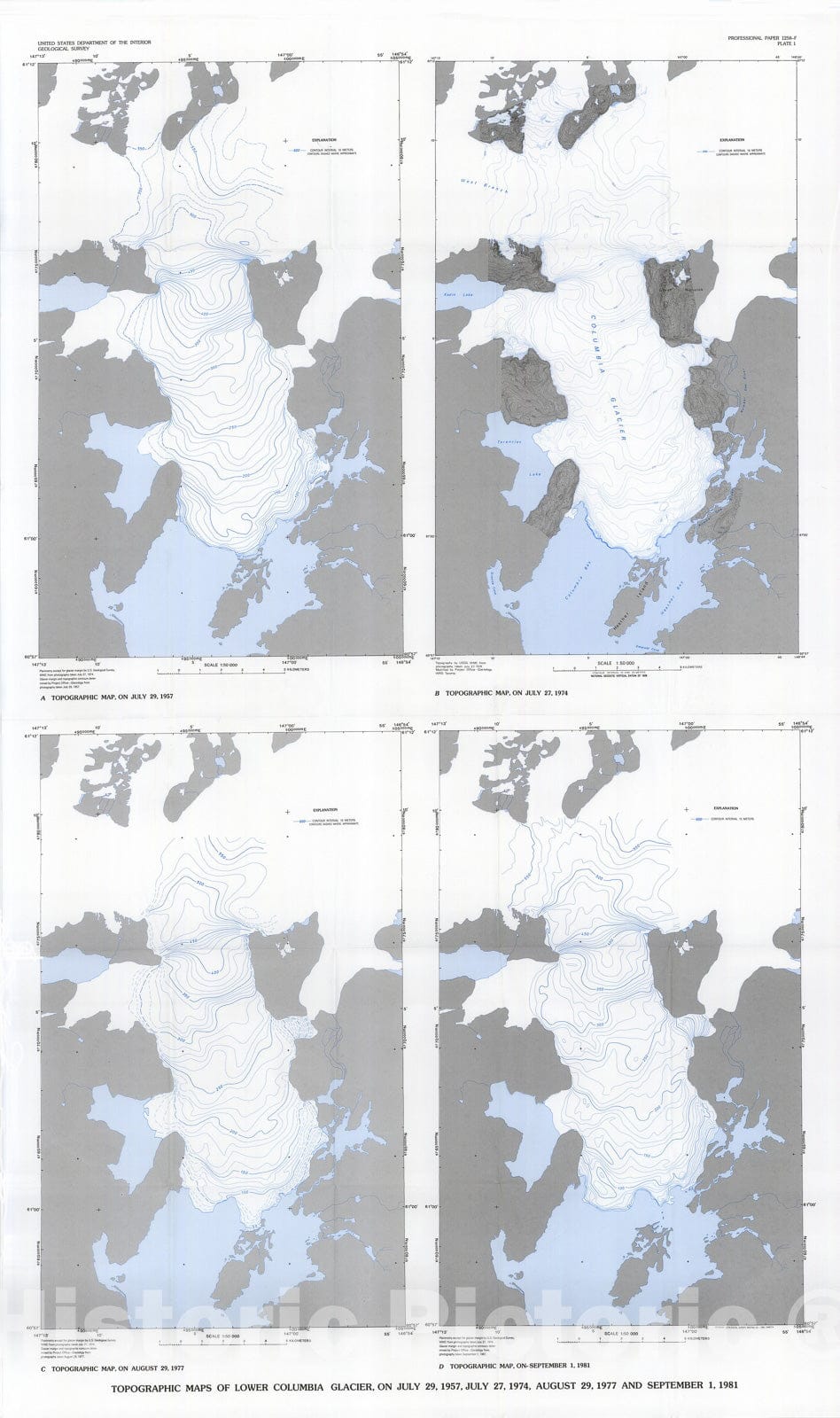 Map : Photogrammetric determination of surface altitude, terminus position, and ice velocity of Columbia Glacier, Alaska, 1985 Cartography Wall Art :