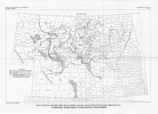 Map : Apparent water resistivity, porosity, and water temperature of the Madison Limestone and underlying rocks in parts of Montana, Neb, 1984 Cartography Wall Art :