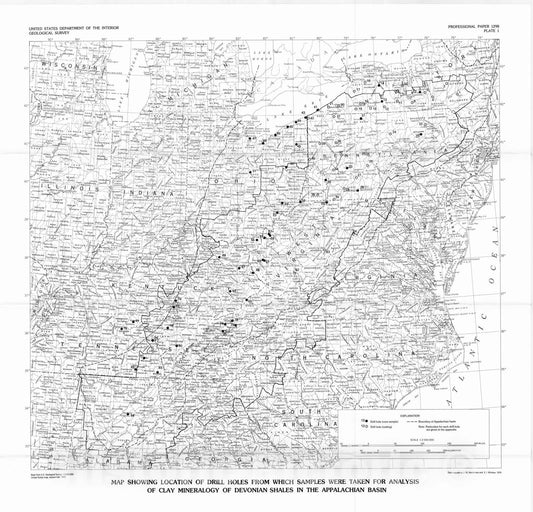 Map : Clay mineralogy of Devonian shales in the Appalachian basin, 1983 Cartography Wall Art :