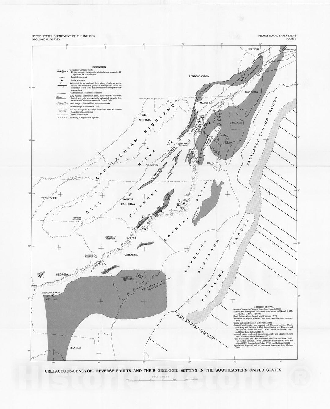 Map : Regenerate faults of small Cenozoic offset - probable earthquake sources in the southeastern United States, 1983 Cartography Wall Art :