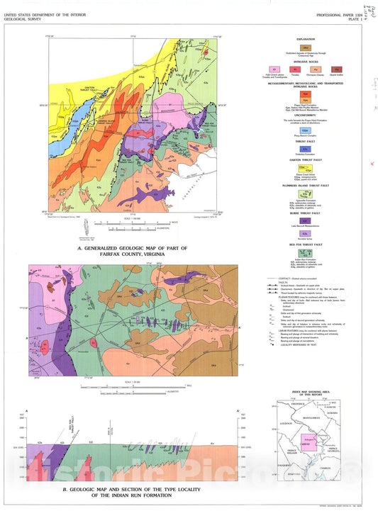 Map : Tectonic implications of the Indian Run Formation - a newly recognized sedimentary melange in the northern Virginia piedmont, 1985 Cartography Wall Art :