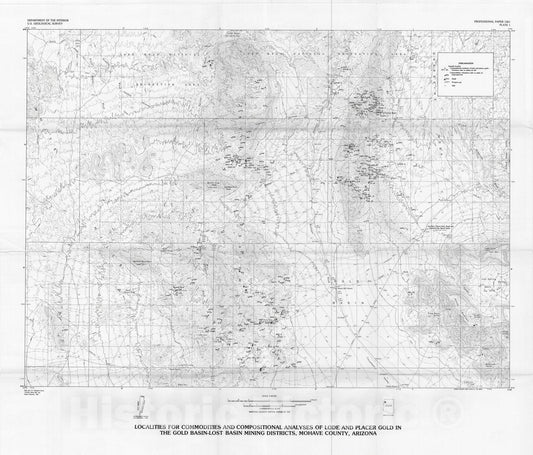Map : Geology and gold mineralization of the Gold Basin-Lost Basin mining districts, Mohave County, Arizona, 1987 Cartography Wall Art :