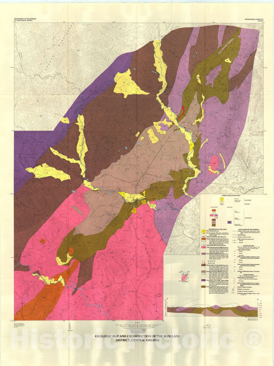 Map : Geology and mineral deposits of the Roseland district of central Virginia, 1987 Cartography Wall Art :