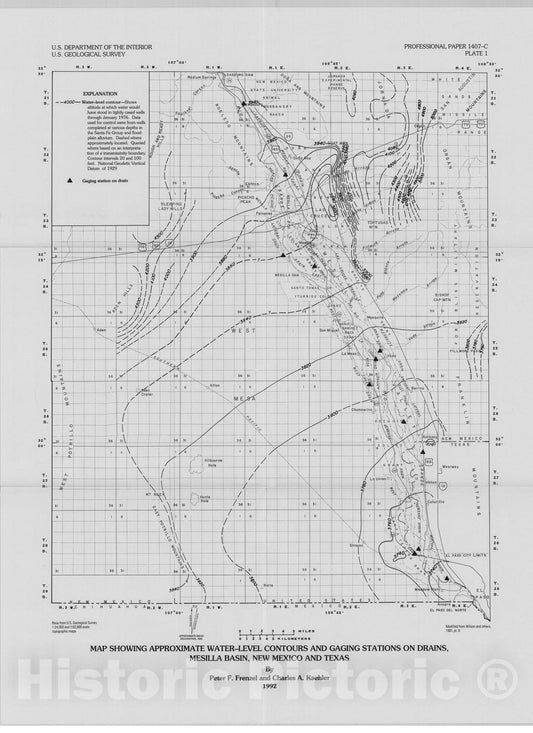 Map : Geohydrology and simulation of ground-water flow in the Mesilla Basin, Dona Ana County, New Mexico, and El Paso County, Texas, wit, 1992 Cartography Wall Art :