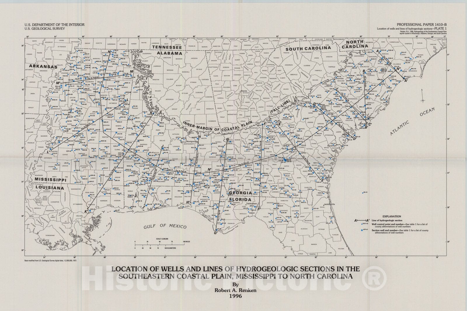 Map : Hydrogeology of the southeastern coastal plain aquifer system in Mississippi, Alabama, Georgia, and South Carolina, 1996 Cartography Wall Art :