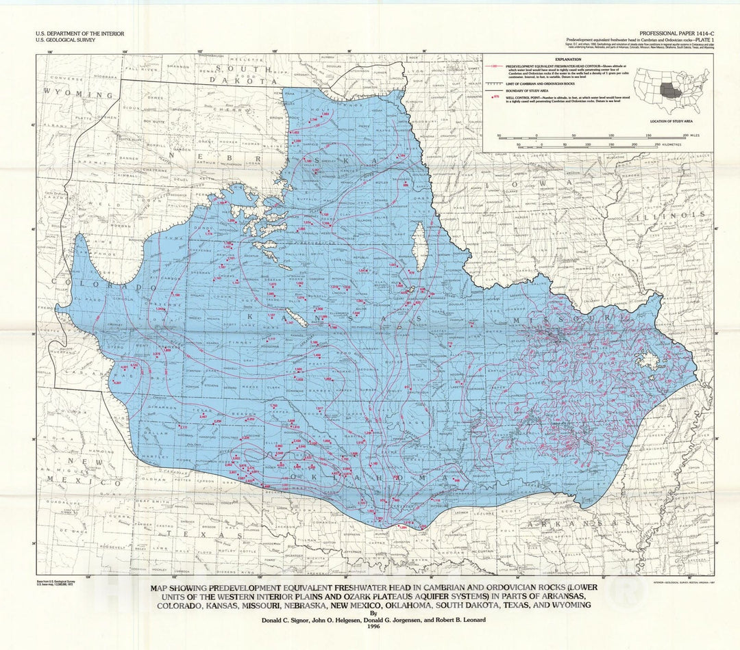 Map : Geohydrology and simulation of steady-state flow conditions in regional aquifer systems in Cretaceous and older rocks underlying K, 1996 Cartography Wall Art :