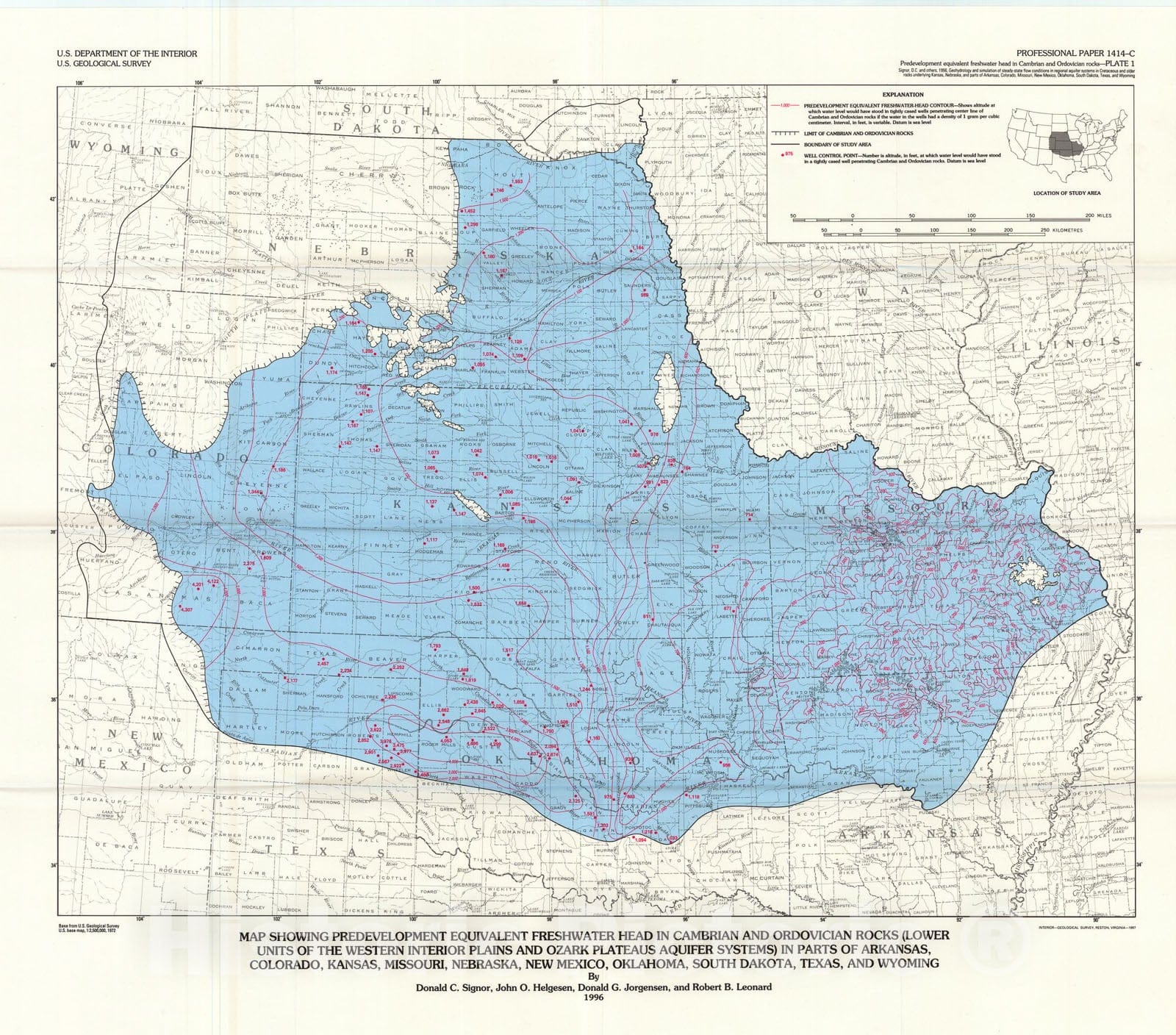 Map : Geohydrology and simulation of steady-state flow conditions in regional aquifer systems in Cretaceous and older rocks underlying K, 1996 Cartography Wall Art :