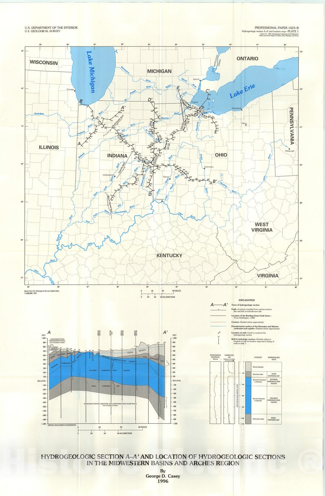 Map : Hydrogeologic framework of the midwestern basins and arches region in parts of Indiana, Ohio, Michigan, and Illinois, 1996 Cartography Wall Art :