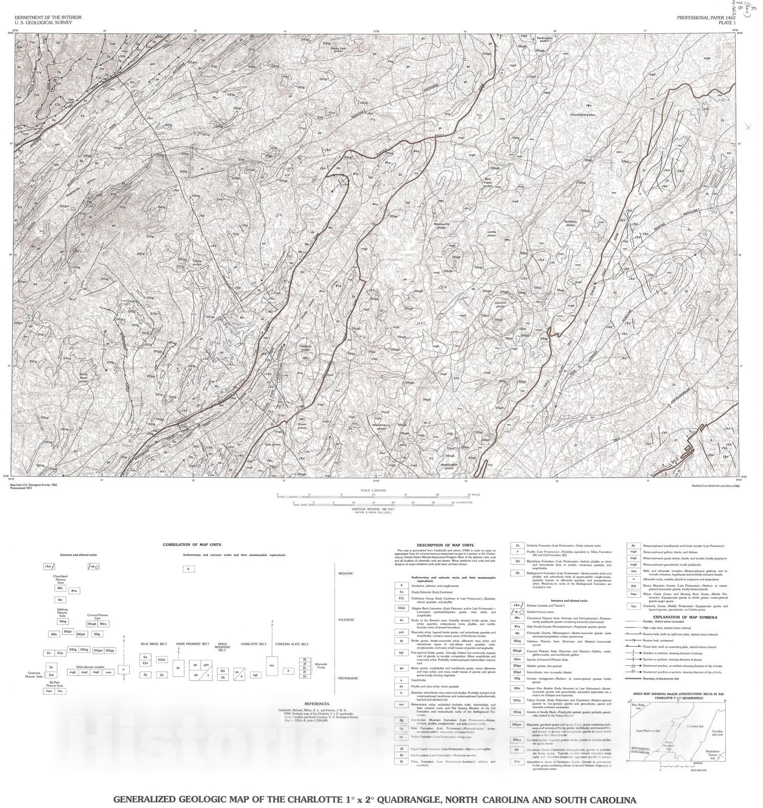 Map : Mineral resources of the Charlotte one degree x two degrees quadrangle, North Carolina and South Carolina, one989 Cartography Wall Art :