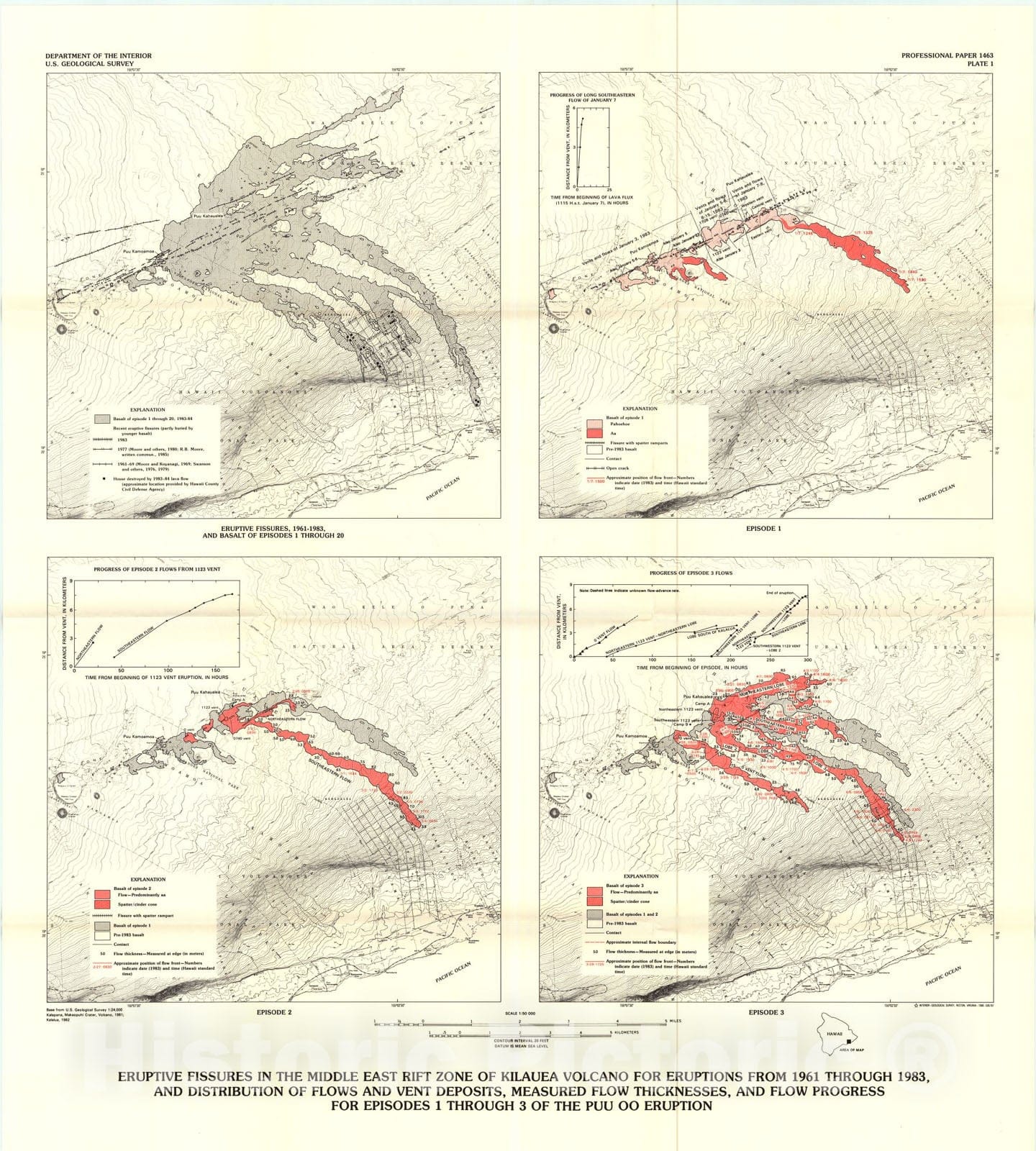 Map : The Puu Oo eruption of Kilauea Volcano, Hawaii, Episodes one through 20, January 3, one983, through June 8, one984, one988 Cartography Wall Art :