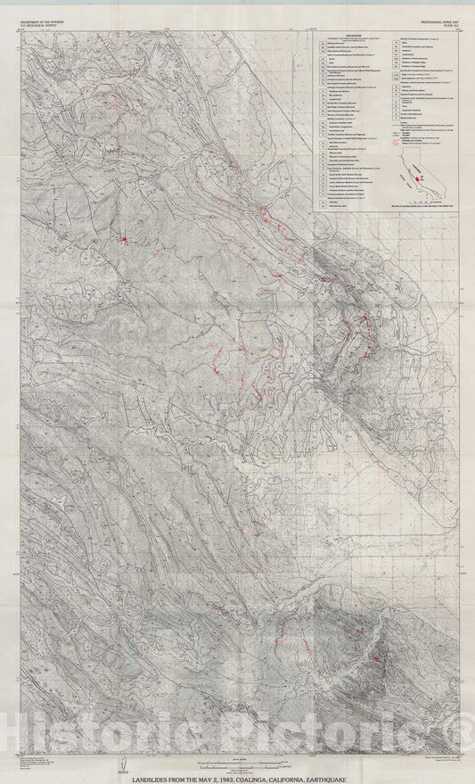 Map : The Coalinga, California, earthquake of May 2, 1983, 1990 Cartography Wall Art :
