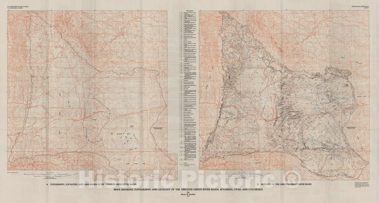 Map : Introduction to the greater Green River basin geology, physiography, and history of investigations, 1992 Cartography Wall Art :