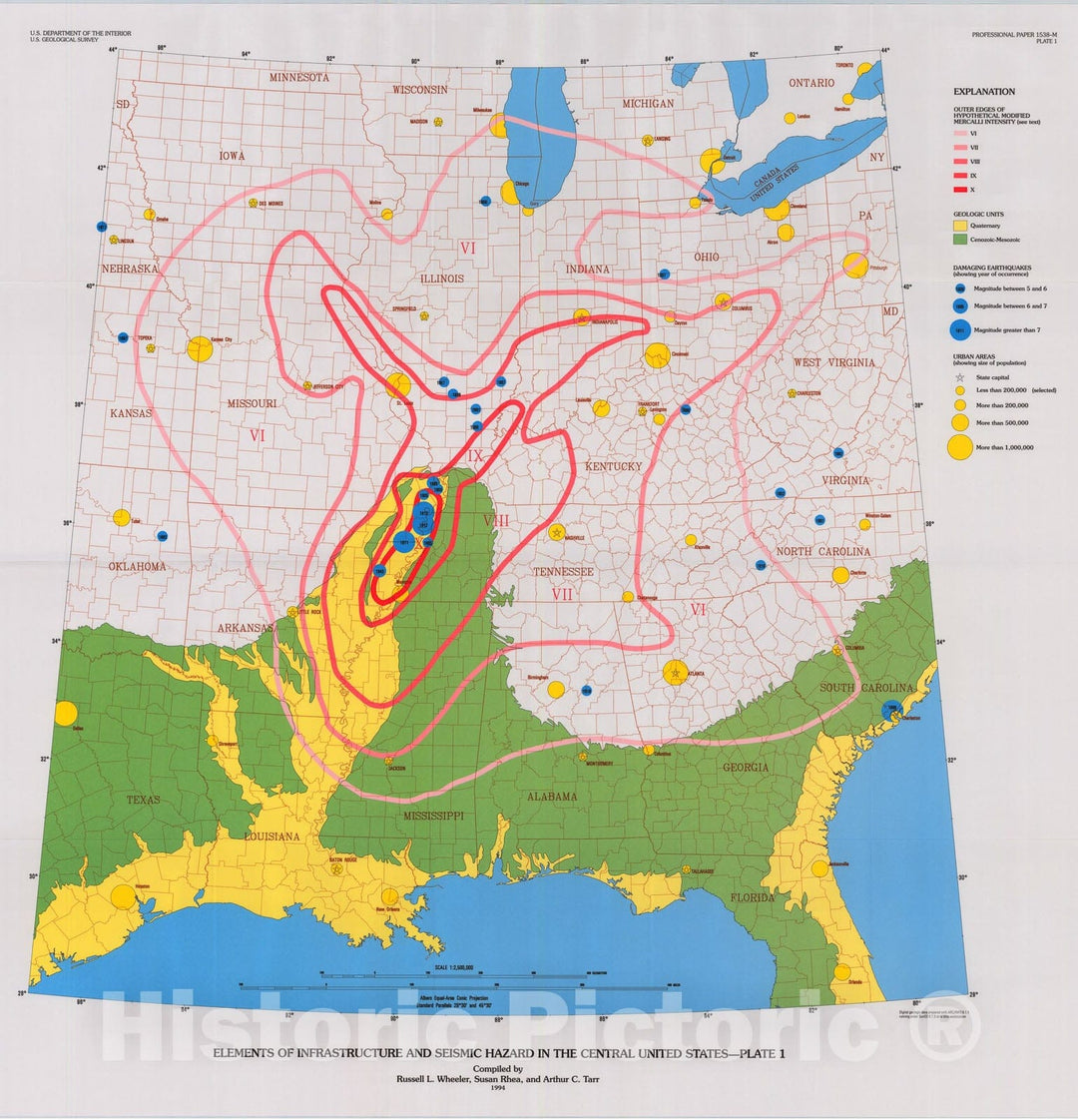 Map : Elements of infrastructure and seismic hazard in the central United States, 1994 Cartography Wall Art :
