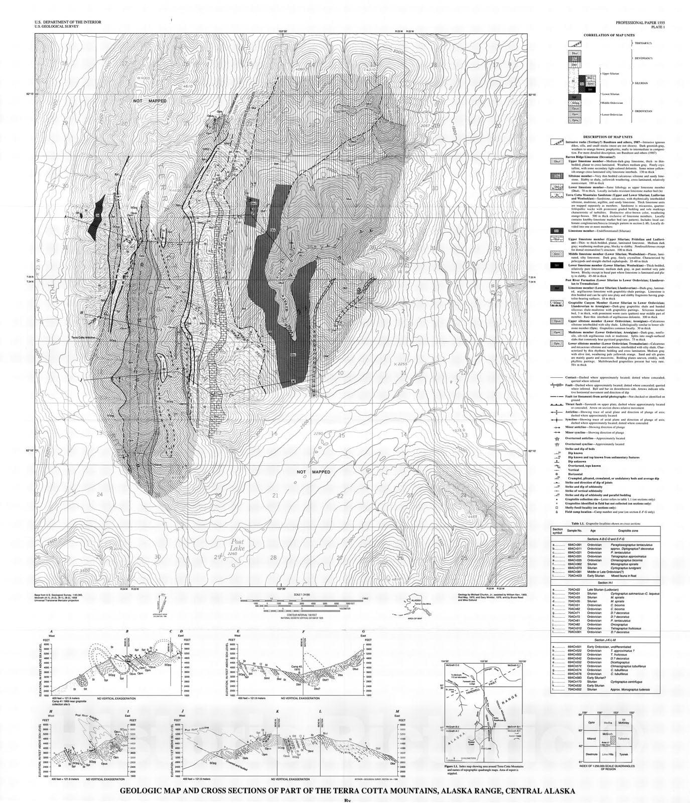 Map : Stratigraphy, structure, and graptolites of an Ordovician and Silurian sequence in the Terra Cotta Mountains, Alaska Range, Alaska, 1996 Cartography Wall Art :