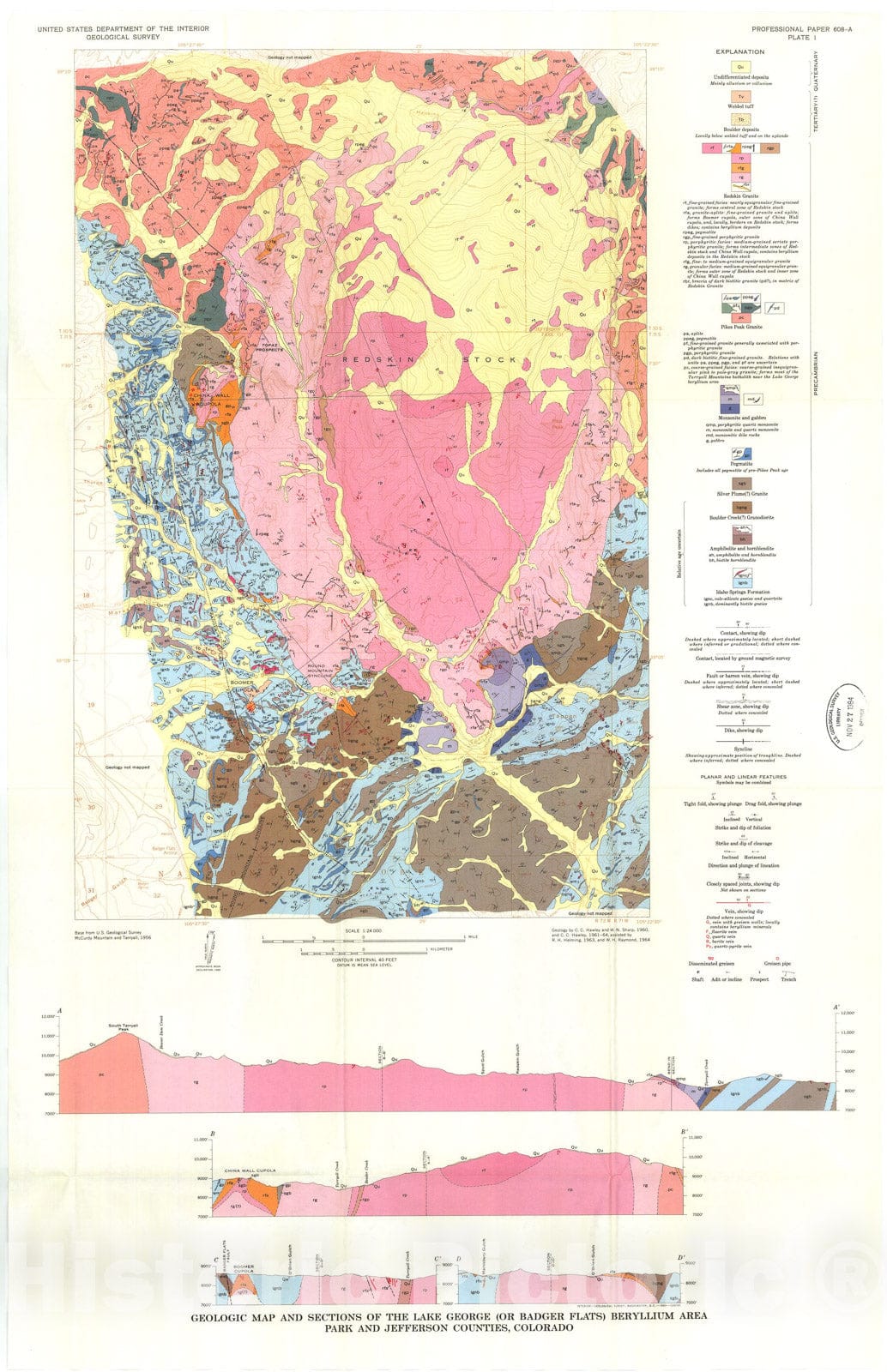 Map : Geology and beryllium deposits of the Lake George (or Badger Flats) beryllium area, Park and Jefferson Counties, Colorado, 1969 Cartography Wall Art :