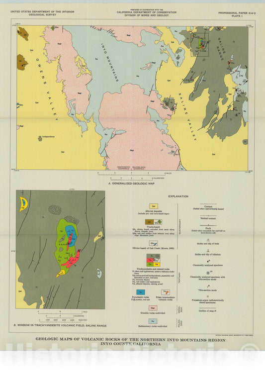Map : Pegmatitic trachyandesite plugs and associated volcanic rocks in the Saline Range - Inyo Mountains region, California, 1970 Cartography Wall Art :