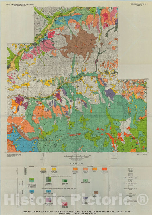 Map : Quaternary geology of the Grand and Battlement Mesas area, Colorado, 1969 Cartography Wall Art :