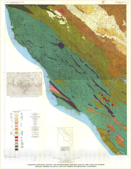 Map : Complete Bouguer gravity and general geology of the Cape San Martin, Bryson, Piedras Blancas, and San Simeon quadrangles, California, 1971 Cartography Wall Art :